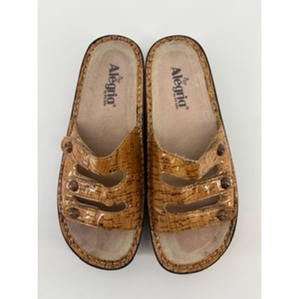 Alegria by PG Lite Womens Brown Cork Print Triple Strap Slide Sandals Size 39